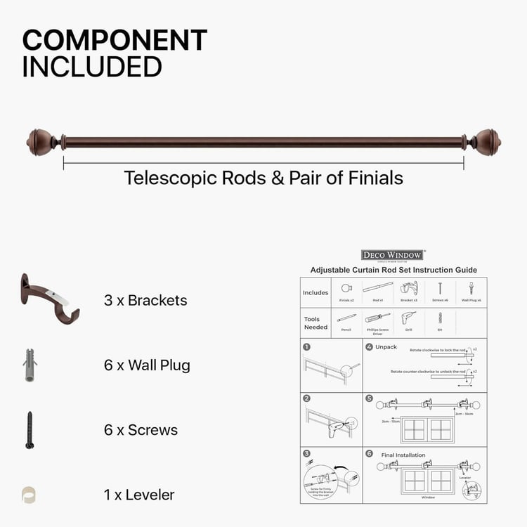 DECO WINDOW Premium Extendable Single Curtain Rod - 25mm, Brown (36-66in)