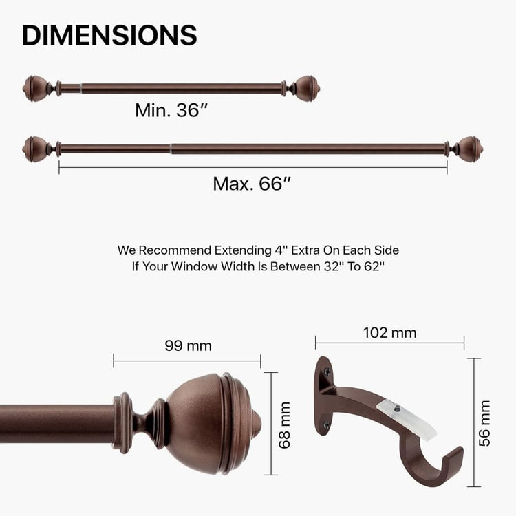 DECO WINDOW Premium Extendable Single Curtain Rod - 25mm, Brown (36-66in)