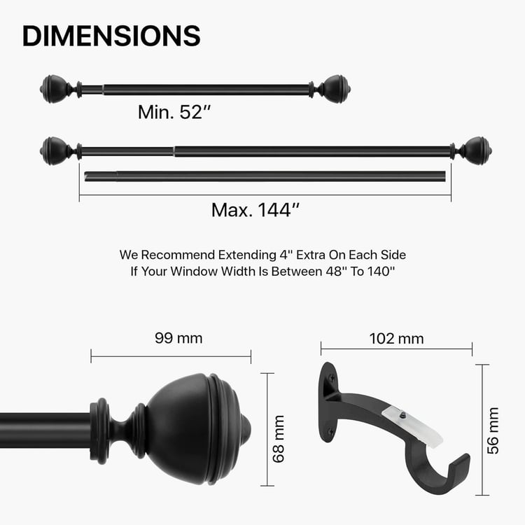 DECO WINDOW Premium Extendable Single Curtain Rod - 25mm, Black Matte (52-144in)