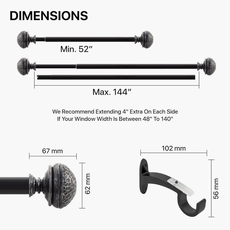 DECO WINDOW Premium Extendable Farmhouse Single Curtain Rod - 25mm, Black Matte (52-144in)