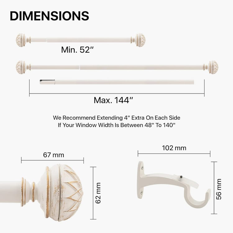 DECO WINDOW Premium Extendable Single Curtain Rod - 25mm, Ivory (52-144in)