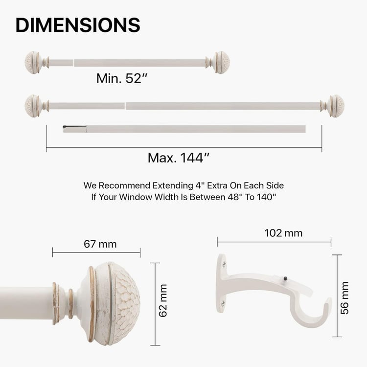 DECO WINDOW Premium Extendable Single Curtain Rod - 25mm, Ivory (52-144in)