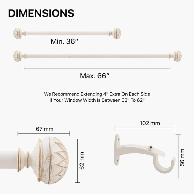 DECO WINDOW Premium Extendable Single Curtain Rod - 25mm, Ivory (36-66in)