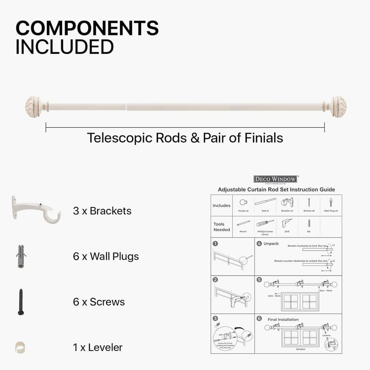 DECO WINDOW Premium Extendable Single Curtain Rod - 25mm, Ivory (36-66in)