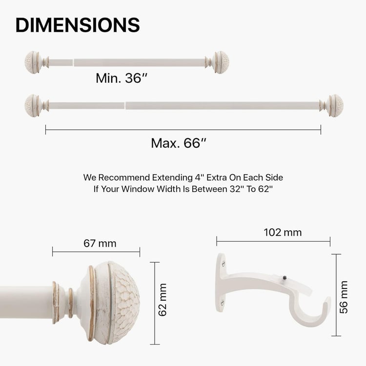 DECO WINDOW Premium Extendable Single Curtain Rod - 25mm, Ivory (36-66in)