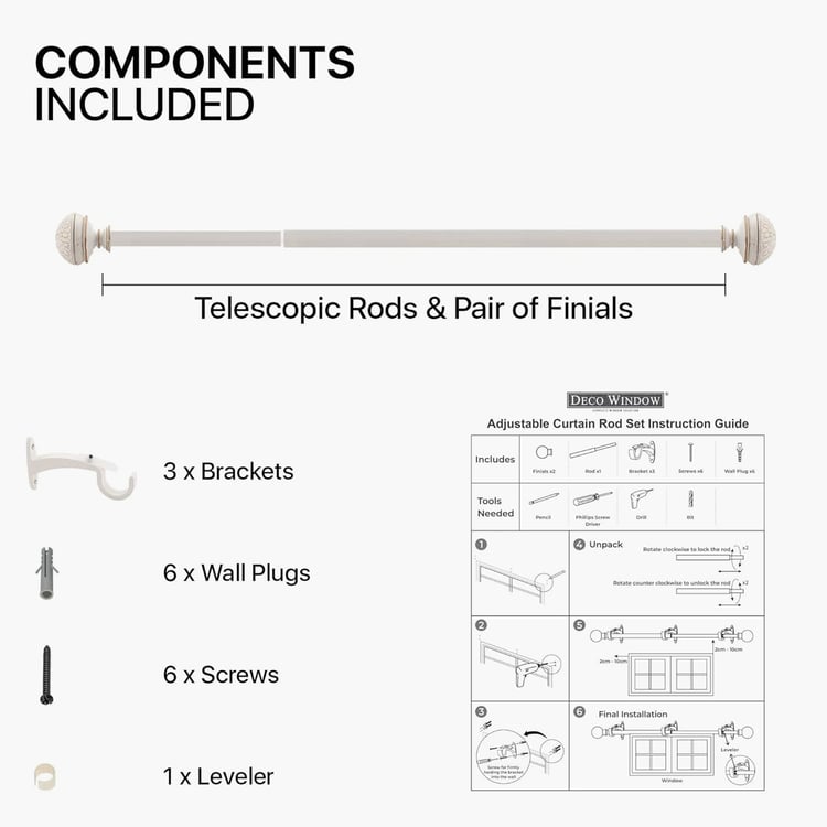 DECO WINDOW Premium Extendable Single Curtain Rod - 25mm, Ivory (36-66in)