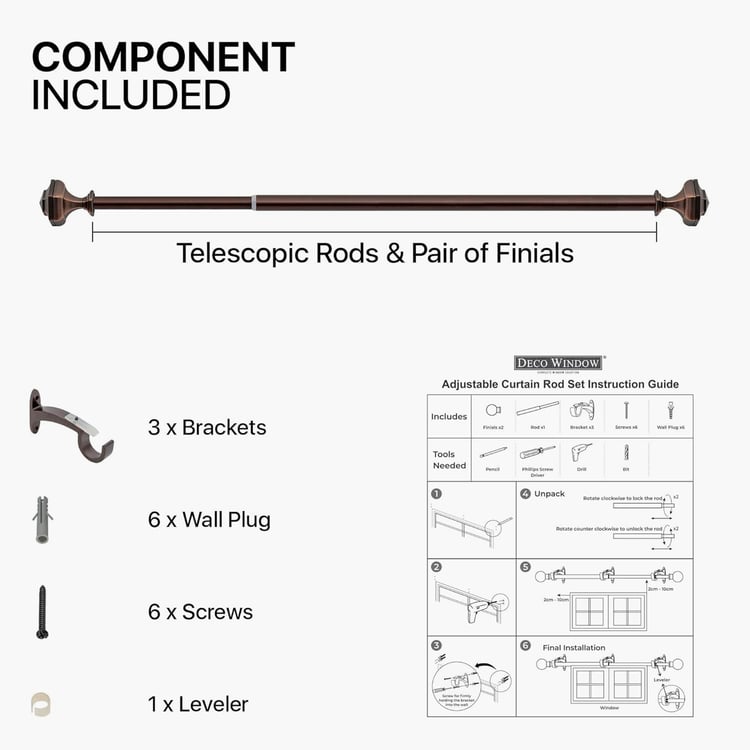 DECO WINDOW Premium Extendable Single Curtain Rod - 19mm, Antique Copper (36-66in)