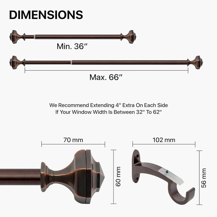 DECO WINDOW Premium Extendable Single Curtain Rod - 19mm, Antique Copper (36-66in)