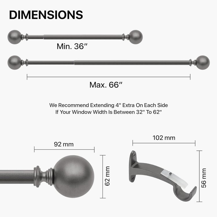 DECO WINDOW Premium Extendable Single Curtain Rod - 19mm, Charcoal (36-66in)