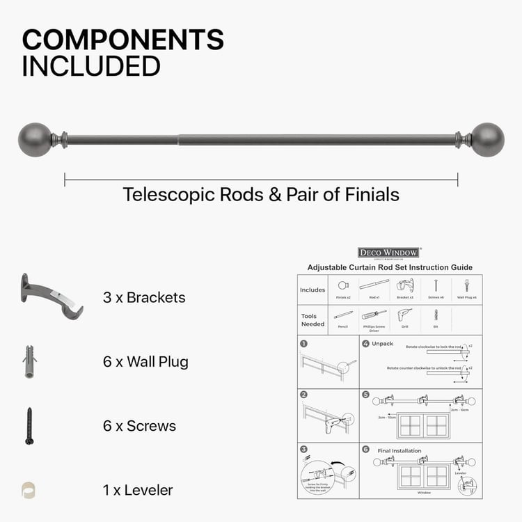 DECO WINDOW Premium Extendable Single Curtain Rod - 19mm, Charcoal (36-66in)