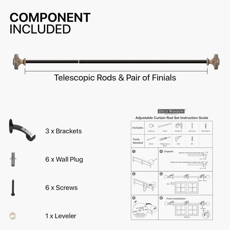 DECO WINDOW Premium Extendable Single Curtain Rod - 19mm, Antique Brass (36-66in)