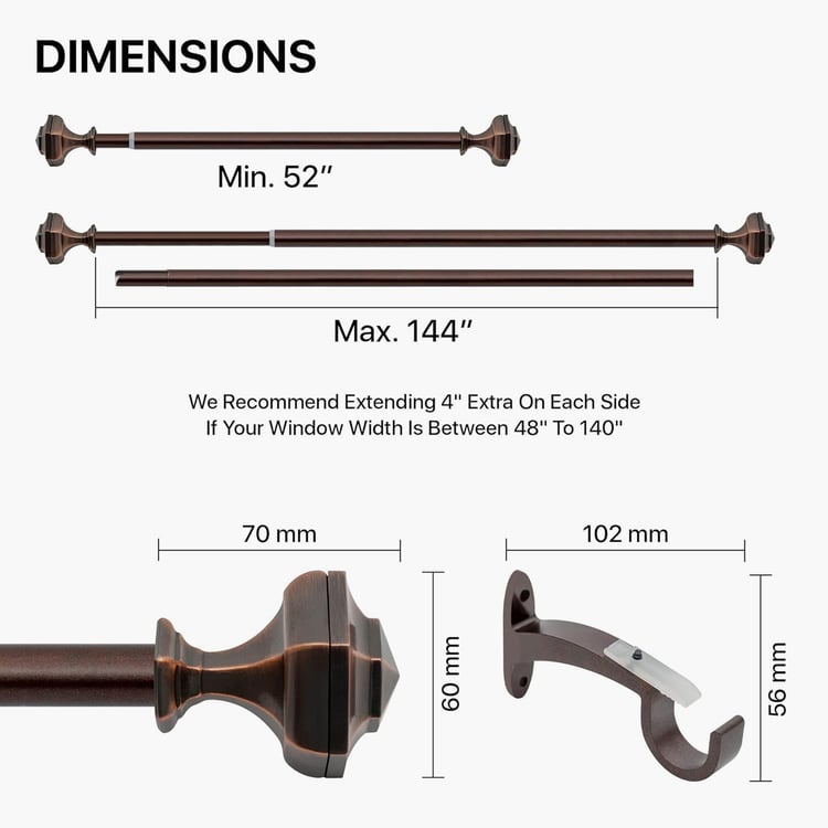 DECO WINDOW Premium Extendable Single Curtain Rod - 19mm, Antique Copper (52-144in)