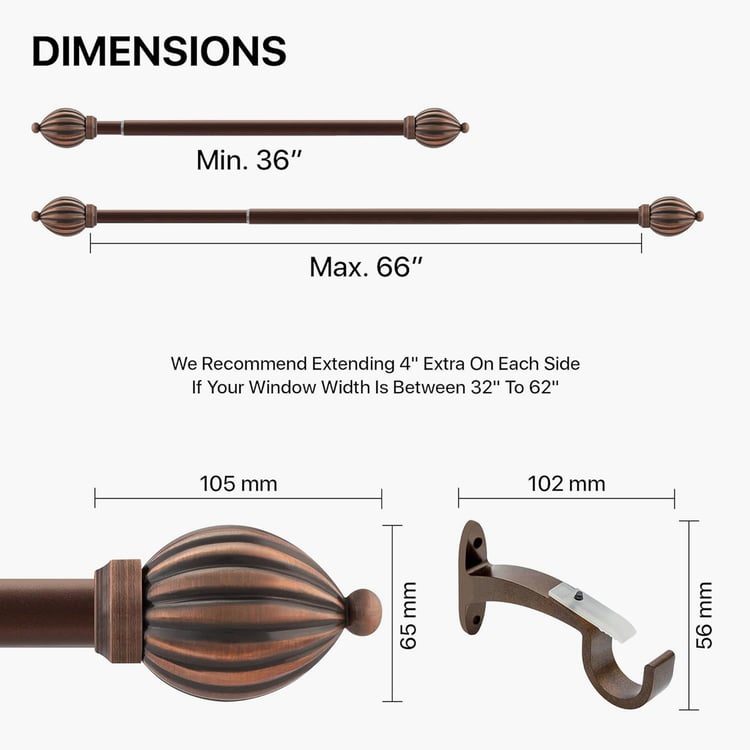 DECO WINDOW Premium Extendable Single Curtain Rod - 25mm, Kamrak Antique Copper (36-66in)