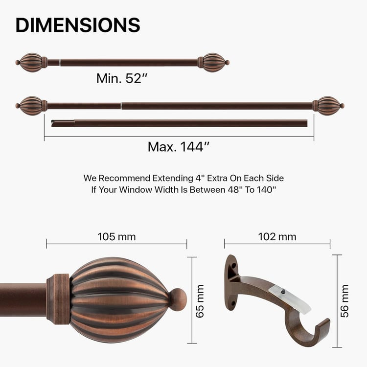 DECO WINDOW Premium Extendable Single Curtain Rod - 25mm, Kamrak Antique Copper (52-144in)