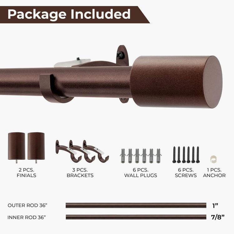 DECO WINDOW Premium Extendable Single Curtain Rod - 25mm, Brown (52-144in)