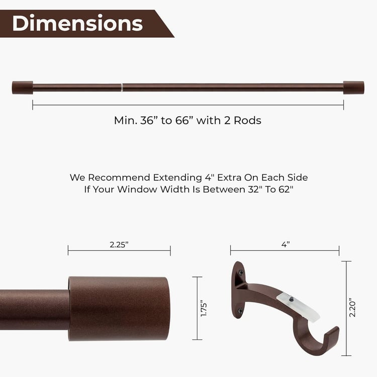 DECO WINDOW Premium Extendable Single Curtain Rod - 25mm, Brown (52-144in)