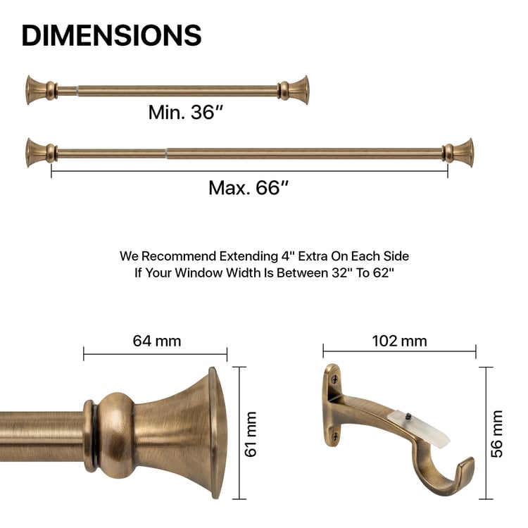 DECO WINDOW Adjustable Curtain Rod - 1", Brass (36-66")