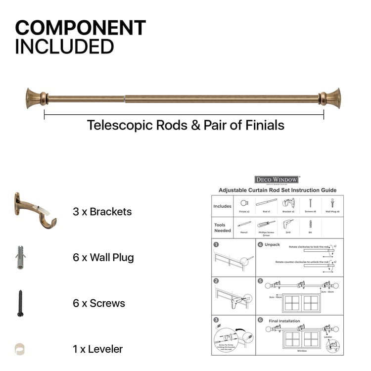 DECO WINDOW Adjustable Curtain Rod - 1", Brass (36-66")