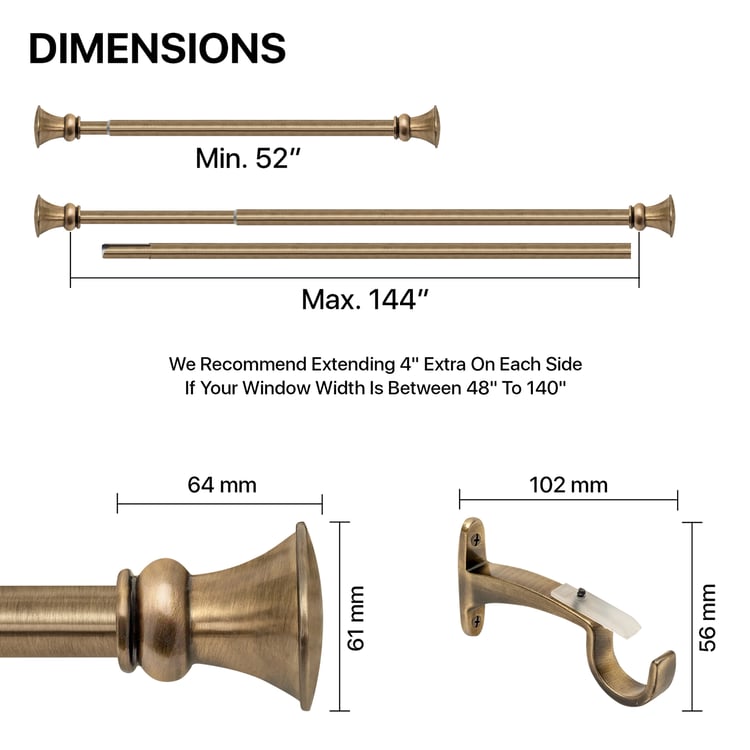 DECO WINDOW Extendable Curtain Rod - 25mm, Brass (52" to 144")