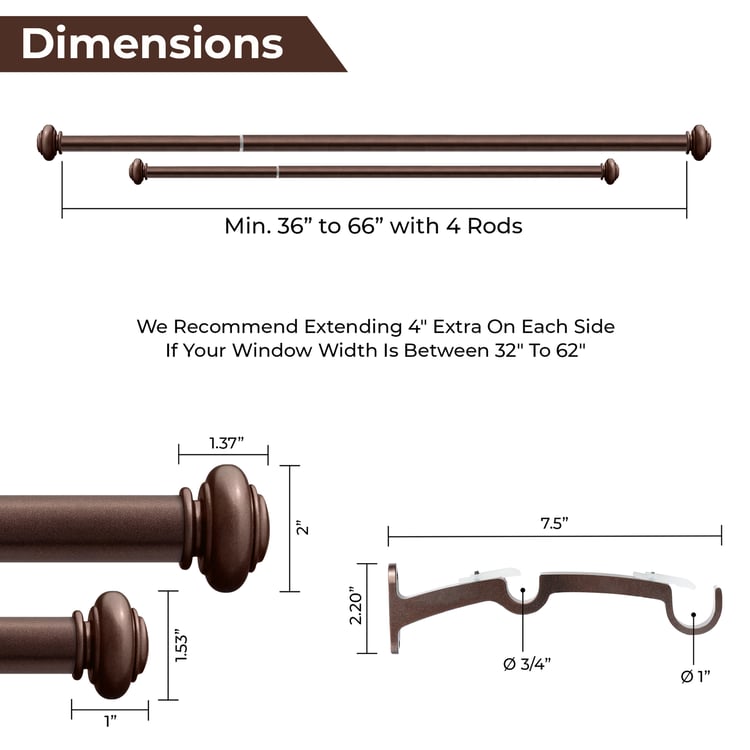 DECO WINDOW Adjustable Double Curtain Rod - 1", Brown (36-66")