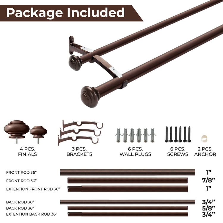 DECO WINDOW Adjustable Double Curtain Rod - 25mm, Brown (52" to 144")