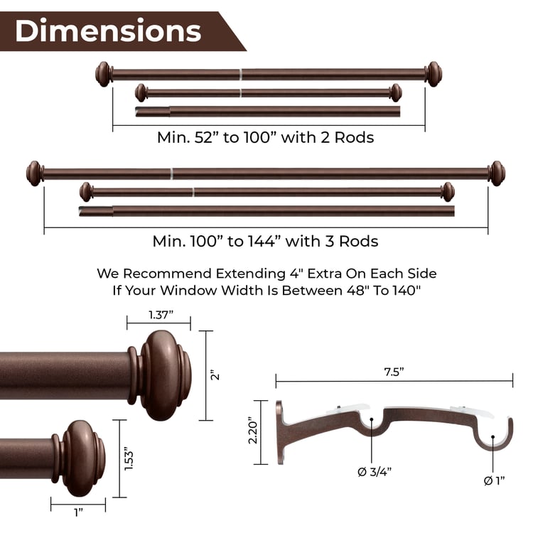 DECO WINDOW Adjustable Double Curtain Rod - 25mm, Brown (52" to 144")