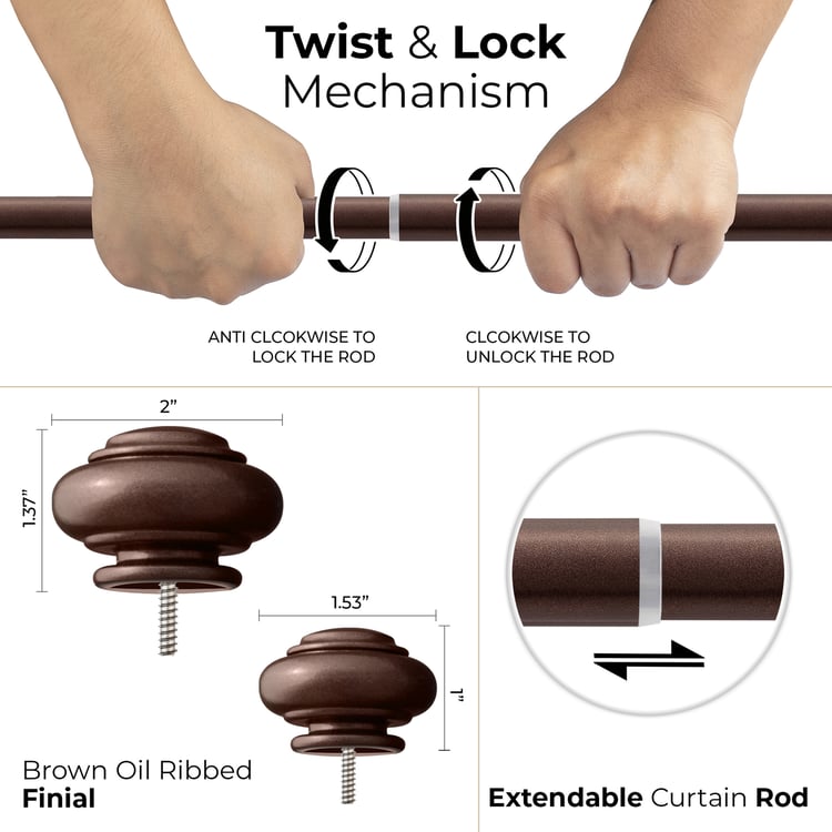 DECO WINDOW Adjustable Double Curtain Rod - 25mm, Brown (52" to 144")