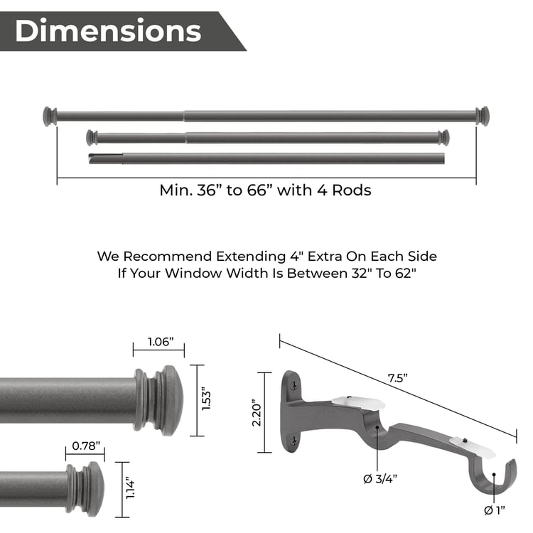 DECO WINDOW Extendable Double Curtain Rod - 25mm, Charcoal (36"-66")