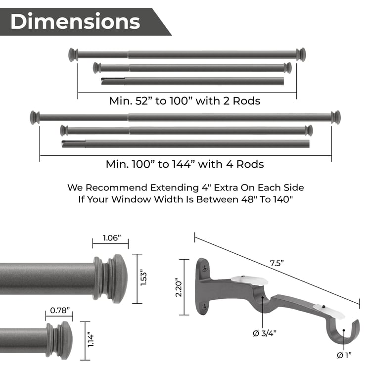 DECO WINDOW Extendable Double Curtain Rod - 25mm, Charcoal (52"-144")