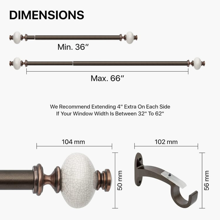 DECO WINDOW Premium Extendable Single Curtain Rod - 25mm, Brown (36-66in)