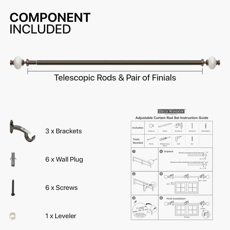 DECO WINDOW Premium Extendable Single Curtain Rod - 25mm, Brown (36-66in)