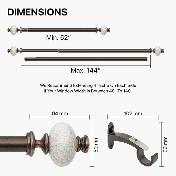 DECO WINDOW Premium Extendable Single Curtain Rod - 25mm, Brown (52-144in)