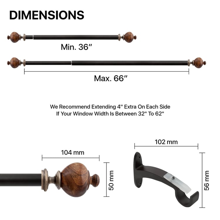 DECO WINDOW Wood Extendable Curtain Rod - 25mm (36-66")