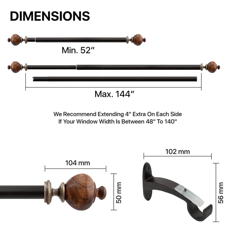 DECO WINDOW Wood Extendable Curtain Rod - 25mm (36-66")