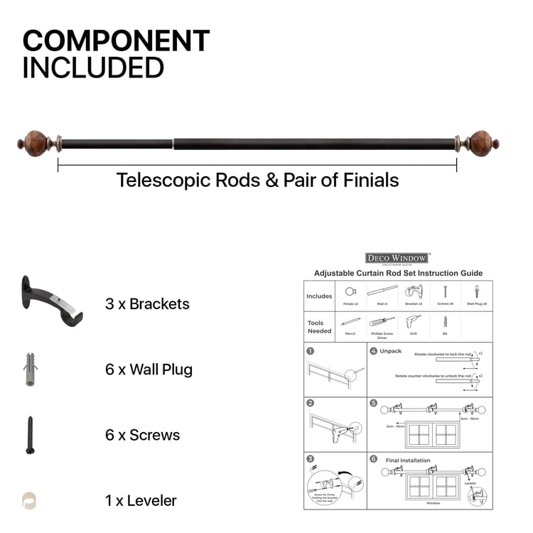 DECO WINDOW Extendable Curtain Rod - 1", Brown Matte (52"-144")