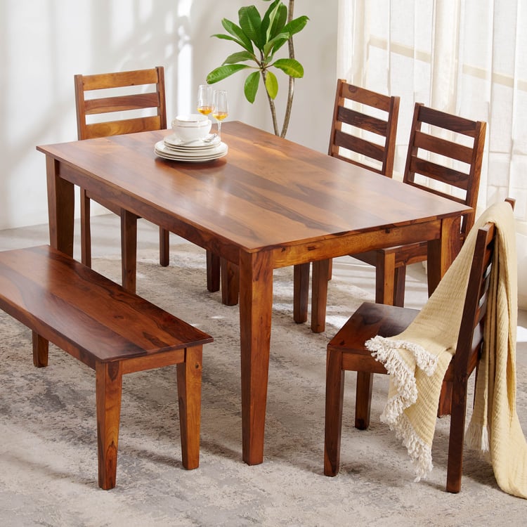 Helios Easter Sheesham Wood 6-Seater Dining Set with Chairs and Bench - Brown