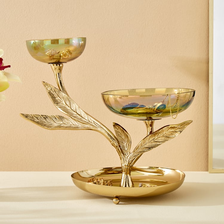 Hoovu Jade Glass Jewellery Stand with Leaf Plate