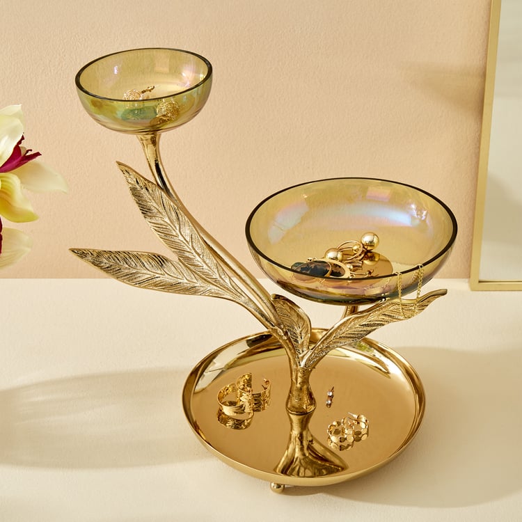 Hoovu Jade Glass Jewellery Stand with Leaf Plate