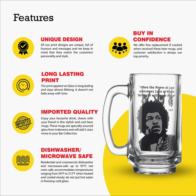 EK DO DHAI Glass Jimi Hendrix Print Beer Mug - 350ml