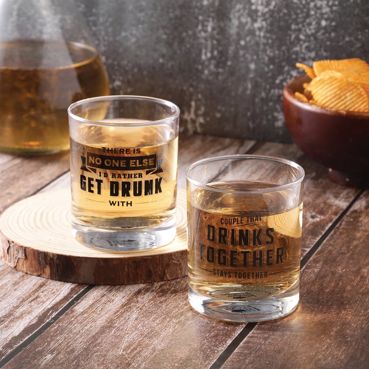 EK DO DHAI Set of 2  Printed Whisky Glasses - 300ml