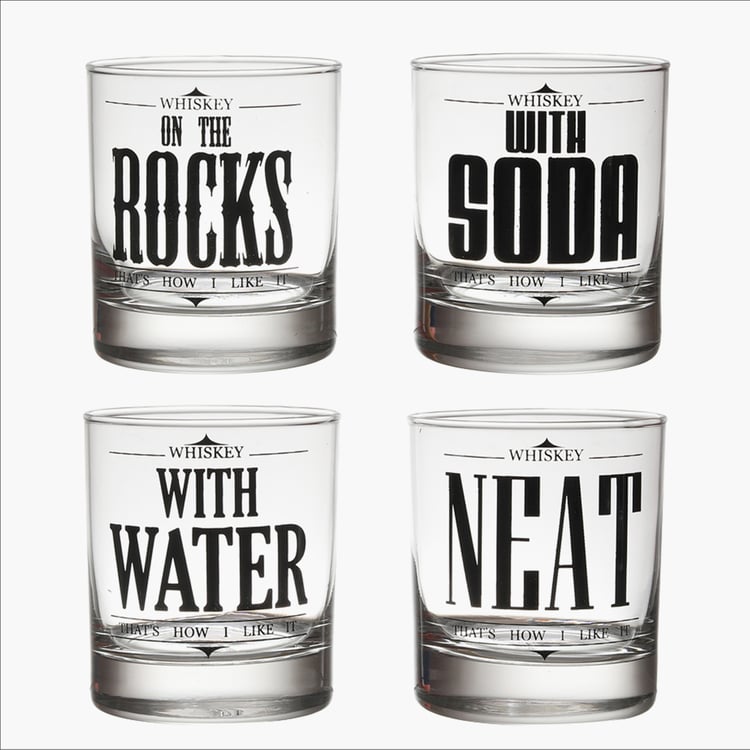 EK DO DHAI Set of 4 Printed Whisky Glasses - 300ml