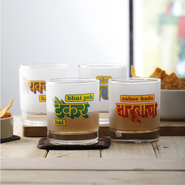 EK DO DHAI Set of 4 Printed Whisky Glasses - 300ml