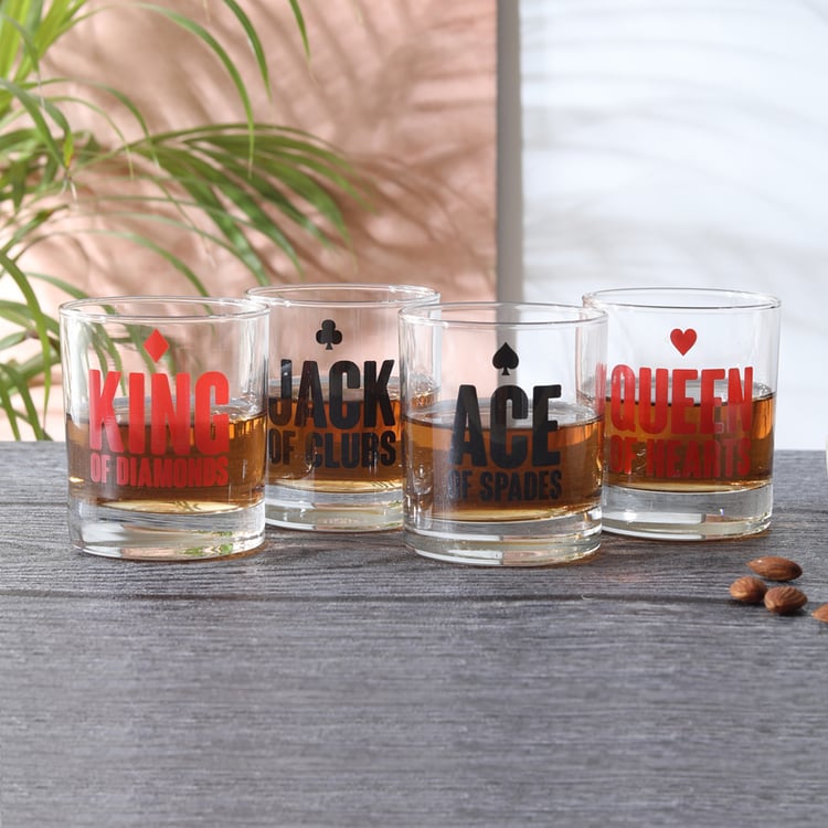 EK DO DHAI Set of 4 Card Print Whisky Glasses - 300ml