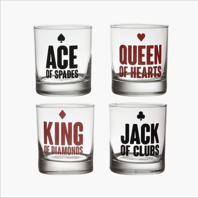 EK DO DHAI Set of 4 Card Print Whisky Glasses - 300ml