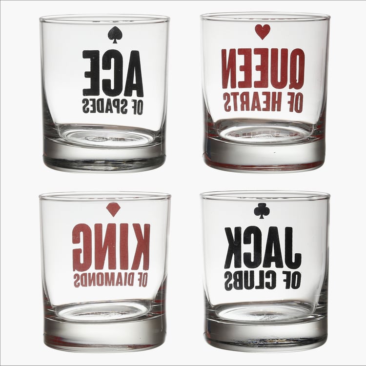 EK DO DHAI Set of 4 Card Print Whisky Glasses - 300ml