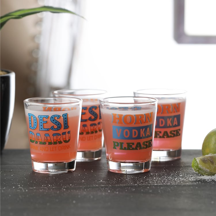 EK DO DHAI Set of 4 Printed Shot Glasses - 60ml