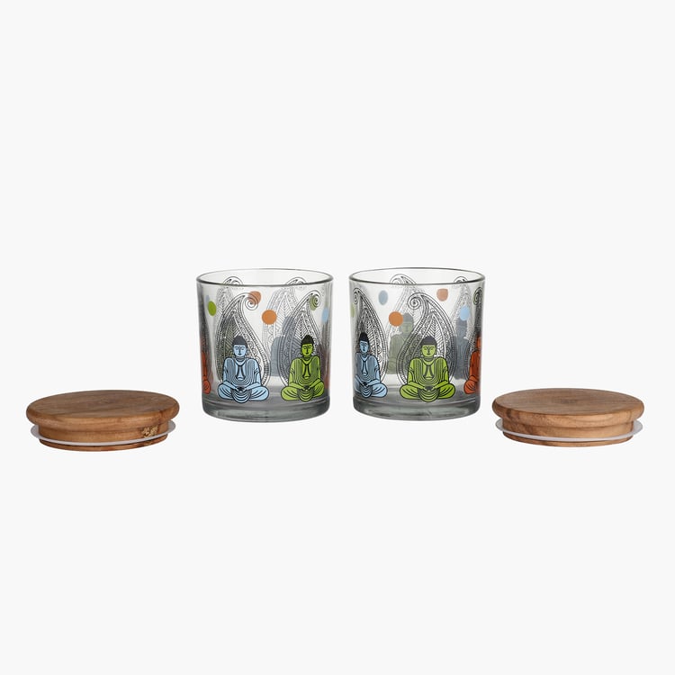 EK DO DHAI Set of 2 Buddha Printed Glass Jars - 500ml