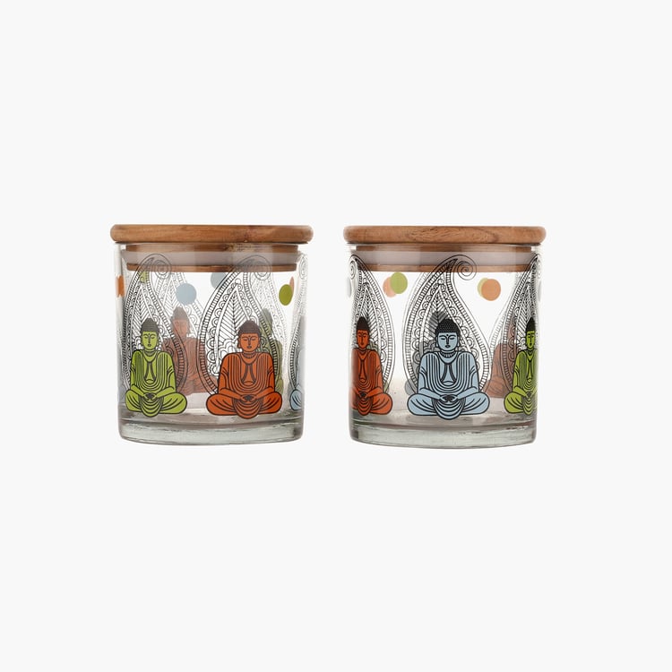 EK DO DHAI Set of 2 Buddha Printed Glass Jars - 500ml