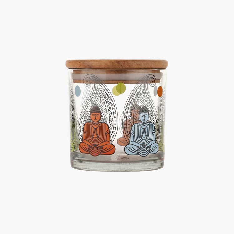 EK DO DHAI Set of 2 Buddha Printed Glass Jars - 500ml