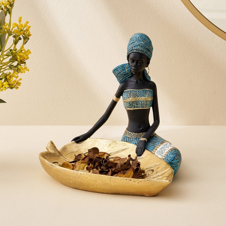 Corsica Jaguar Polyresin African Woman Figurine with Leaf Platter